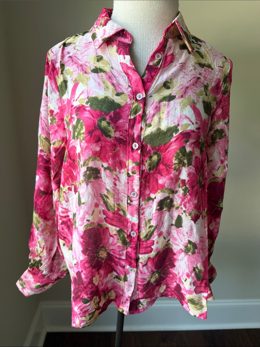 Floral Button-Down Shirt in Pink & Olive